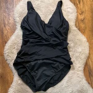Trimshaper Size 12 Swimsuit One Piece Black Scrunch Wrap Waist Womens